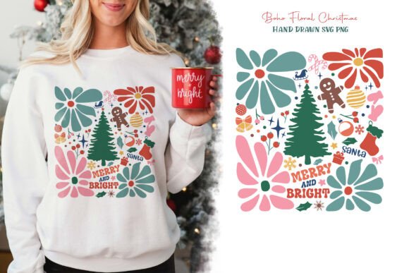 Boho Abstract Flower Merry Christmas PNG for T-Shirt Designs and Graphics